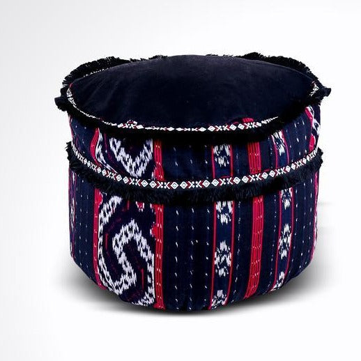 Round Ikat Pouf Ottoman, Black, Red, White. Cover Only with No Insert.