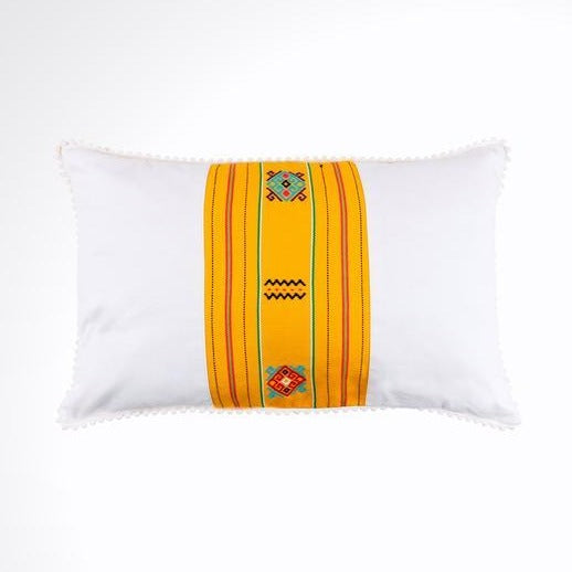 White and Yellow Ikat Pillow. Ethnic, Boho Cushion Case. Handwoven in Indonesia. 12x18 inches