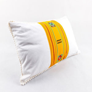 White and Yellow Ikat Pillow. Ethnic, Boho Cushion Case. Handwoven in Indonesia. 12x18 inches