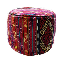 Load image into Gallery viewer, Round Ikat Pouf Ottoman, Red. Ethnic, Boho Pouf, Floor Cushion. Handwoven in Indonesia. 20&quot; inches W x 13.5 inches H
