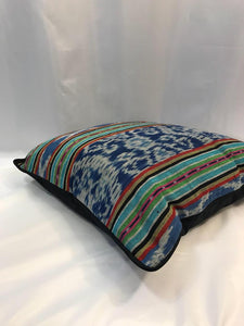Ikat Pillow Cover, Blue Indigo with Border. Cover Only with No Insert. 20" x 20"