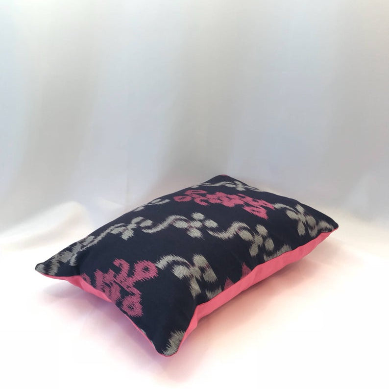 Ikat Pillow Cover, Pink & Blue. Ethnic, Boho Cushion Case. Handwoven in Indonesia. 12x18 inches