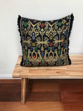 Load image into Gallery viewer, Batik, Ikat Pillow Cover, Black &amp; Gold with Black Fringe. Ethnic, Boho Cushion Case. Handwoven in Indonesia. 20x20 inches