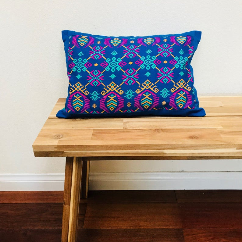 Ikat Pillow Cover, Blue. Ethnic, Boho Cushion Case. Handwoven in Indonesia. 12x18 inches