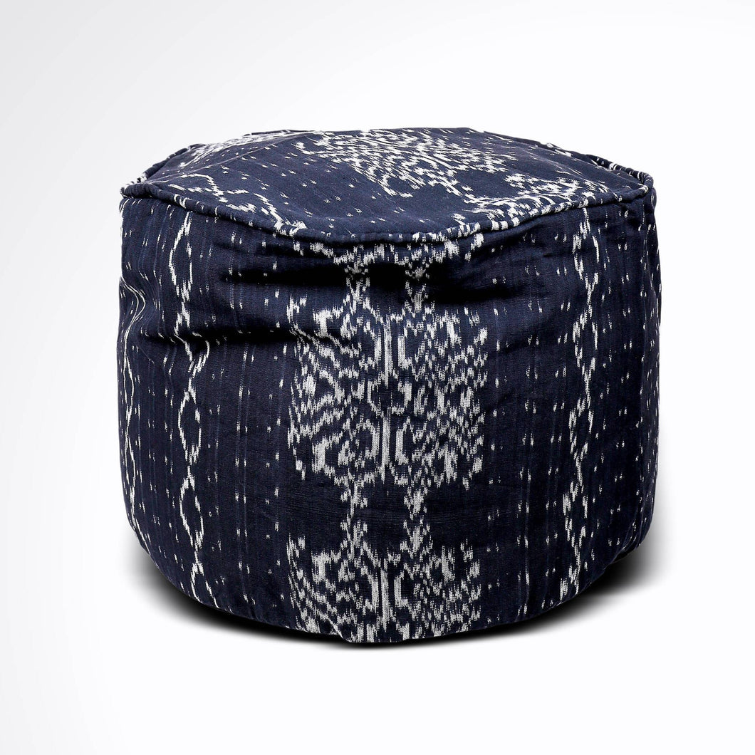 Round Ikat Pouf Ottoman, Black and White. Cover Only with No Insert. 20W x 13.5H