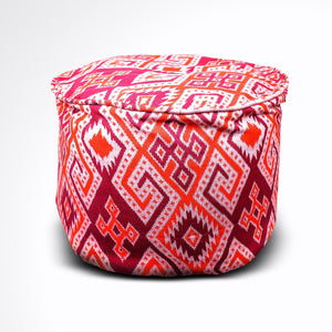 Round Ikat Pouf Ottoman, Orange and Red. Cover Only with No Insert.
