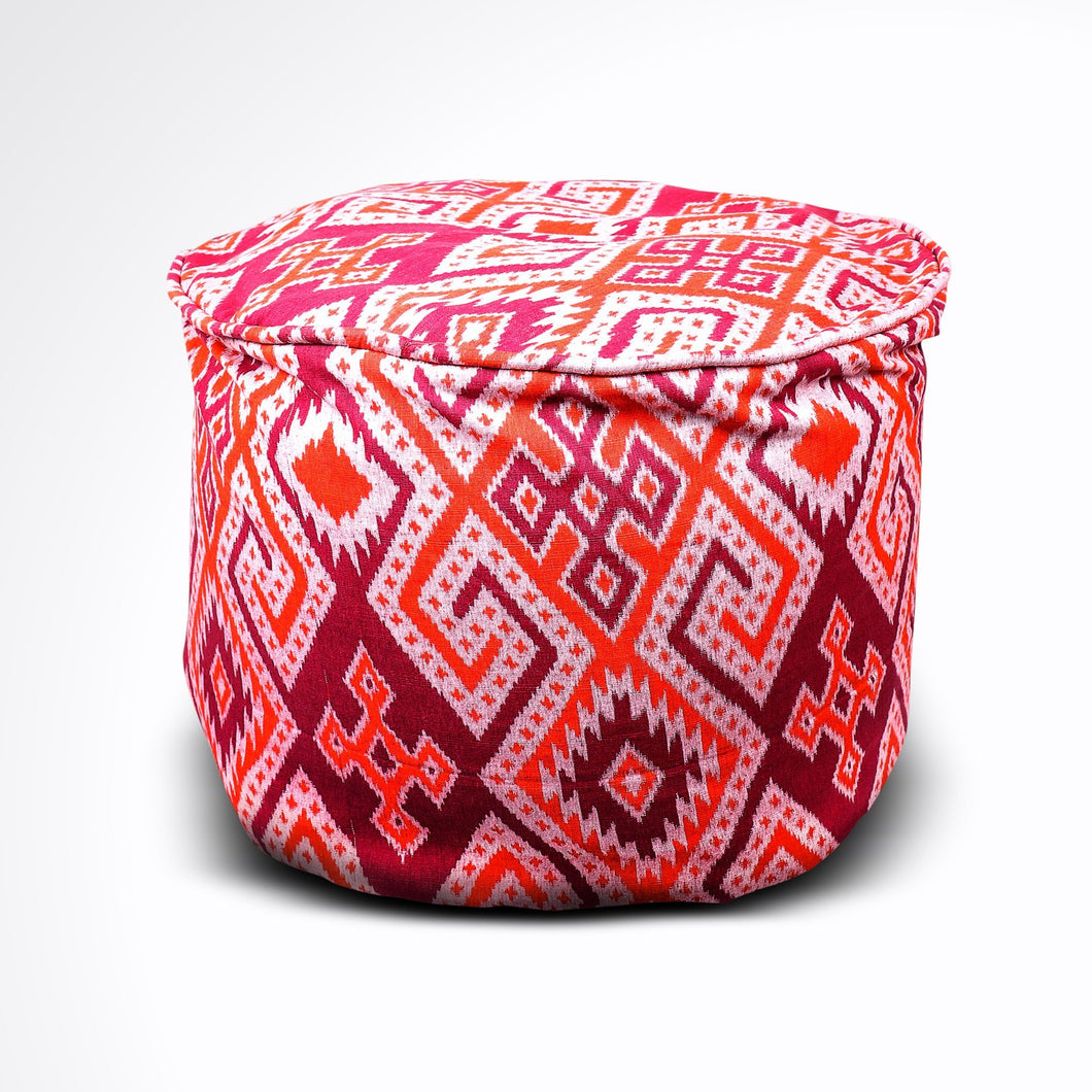 Round Ikat Pouf Ottoman, Orange and Red. Cover Only with No Insert.