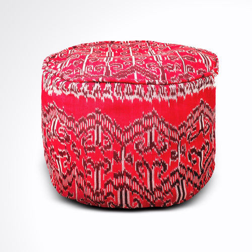 Round Ikat Pouf Ottoman, Red. Cover Only with No Insert. 20