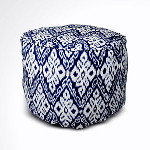 Round Ikat Pouf Ottoman, Dark Blue. Cover Only with No Insert.