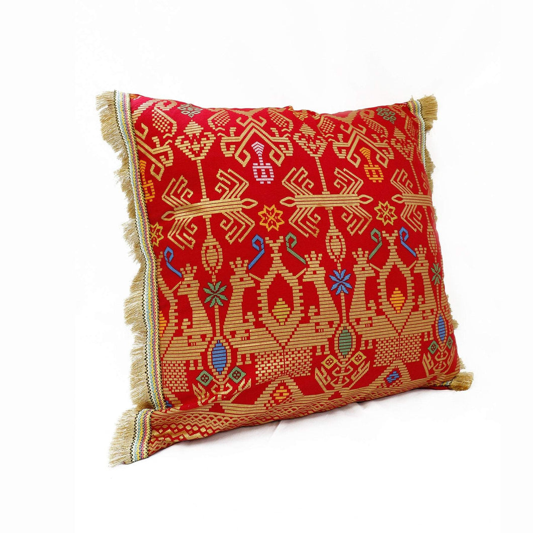 Batik, Ikat Pillow Cover, Red & Gold with Gold Fringe. Cover Only with No Insert. 20inches x 20inches