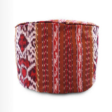 Load image into Gallery viewer, Round Ikat Pouf Ottoman, Red and Brown. Cover Only with No Insert.