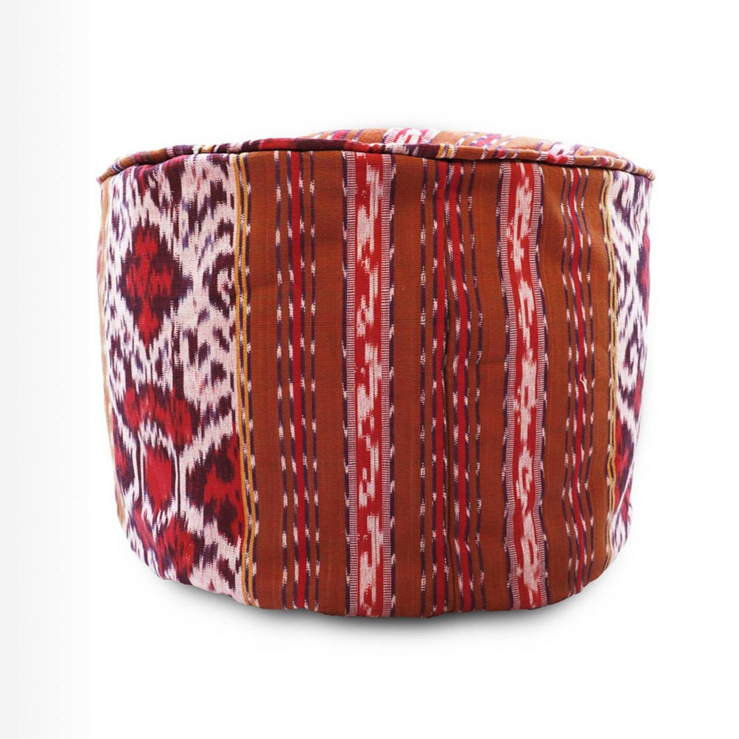Round Ikat Pouf Ottoman, Red and Brown. Cover Only with No Insert.
