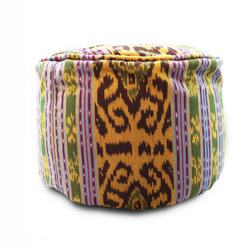 Round Ikat Pouf Ottoman, Dark Green. Cover Only with No Insert.