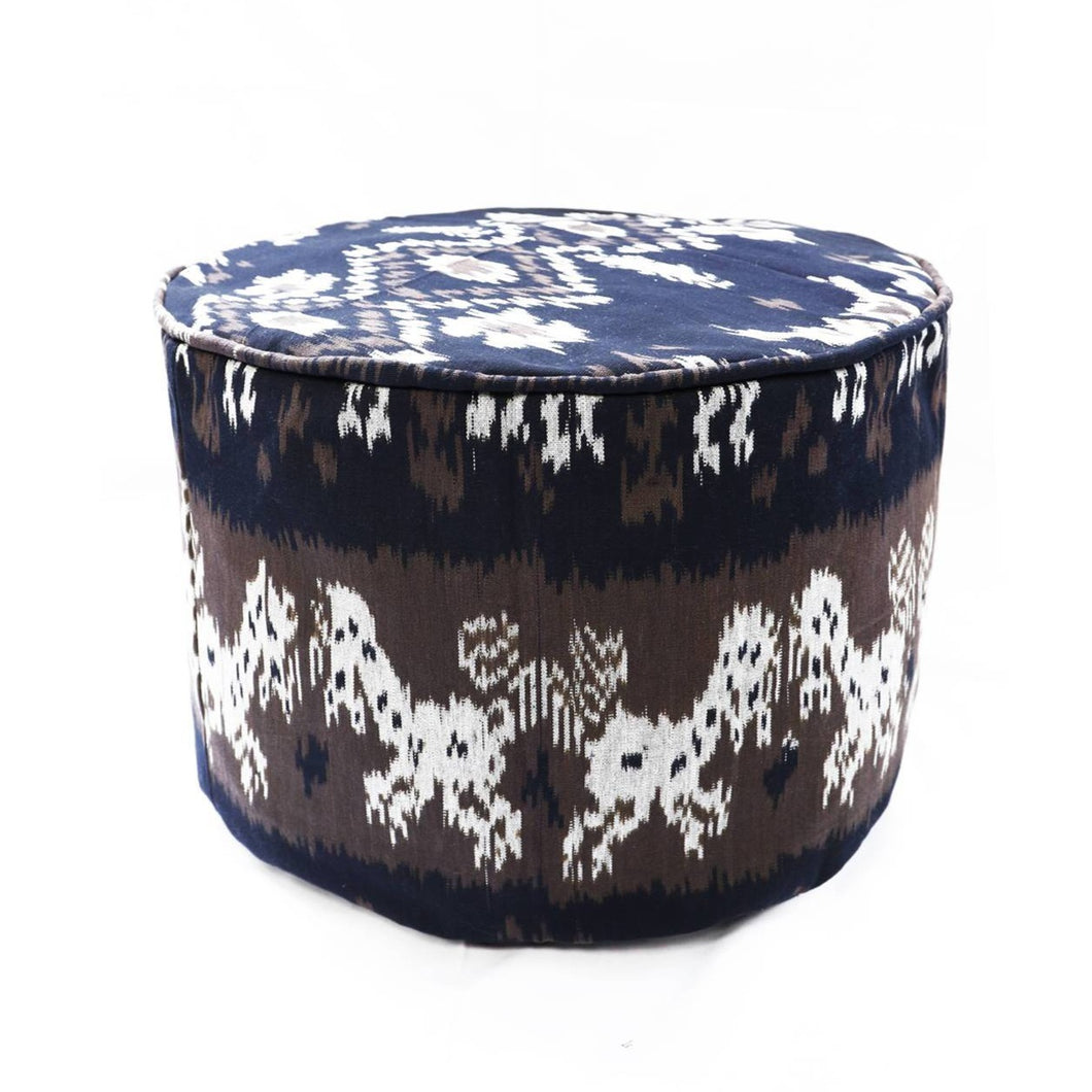 Round Ikat Pouf Ottoman, Brown. Cover Only with No Insert.