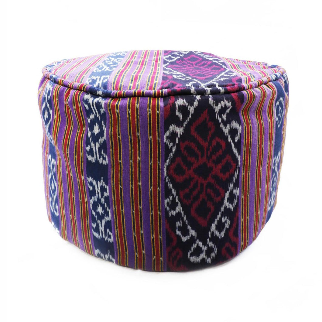 Round Ikat Pouf Ottoman, Purple. Cover Only with No Insert.