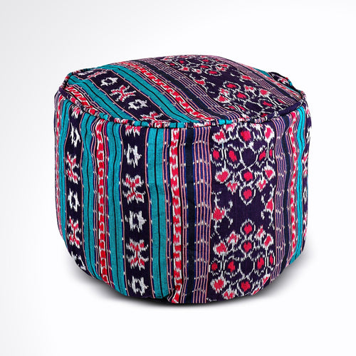 Round Ikat Pouf Ottoman, Blue, Black and Red. Cover Only with No Insert.