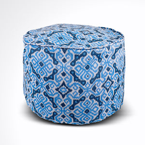Round Ikat Pouf Ottoman, Blue and White. Cover Only with No Insert.
