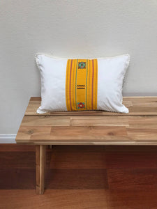 White and Yellow Ikat Pillow. Ethnic, Boho Cushion Case. Handwoven in Indonesia. 12x18 inches