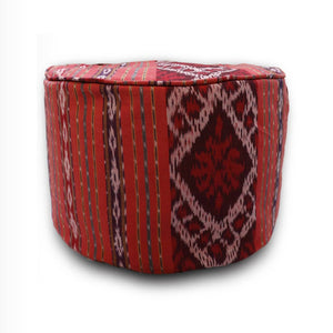 Round Ikat Pouf Ottoman, Red. Cover Only with No Insert. 20" inches W x 13.5 inches H