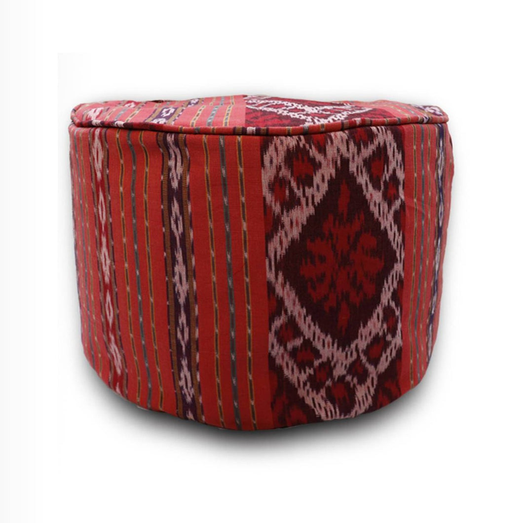 Round Ikat Pouf Ottoman, Red. Cover Only with No Insert. 20