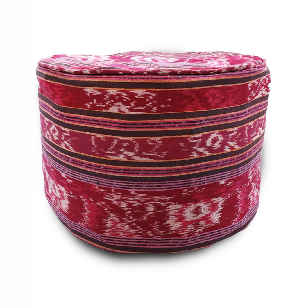 Round Ikat Pouf Ottoman, Red. Cover Only with No Insert. 20