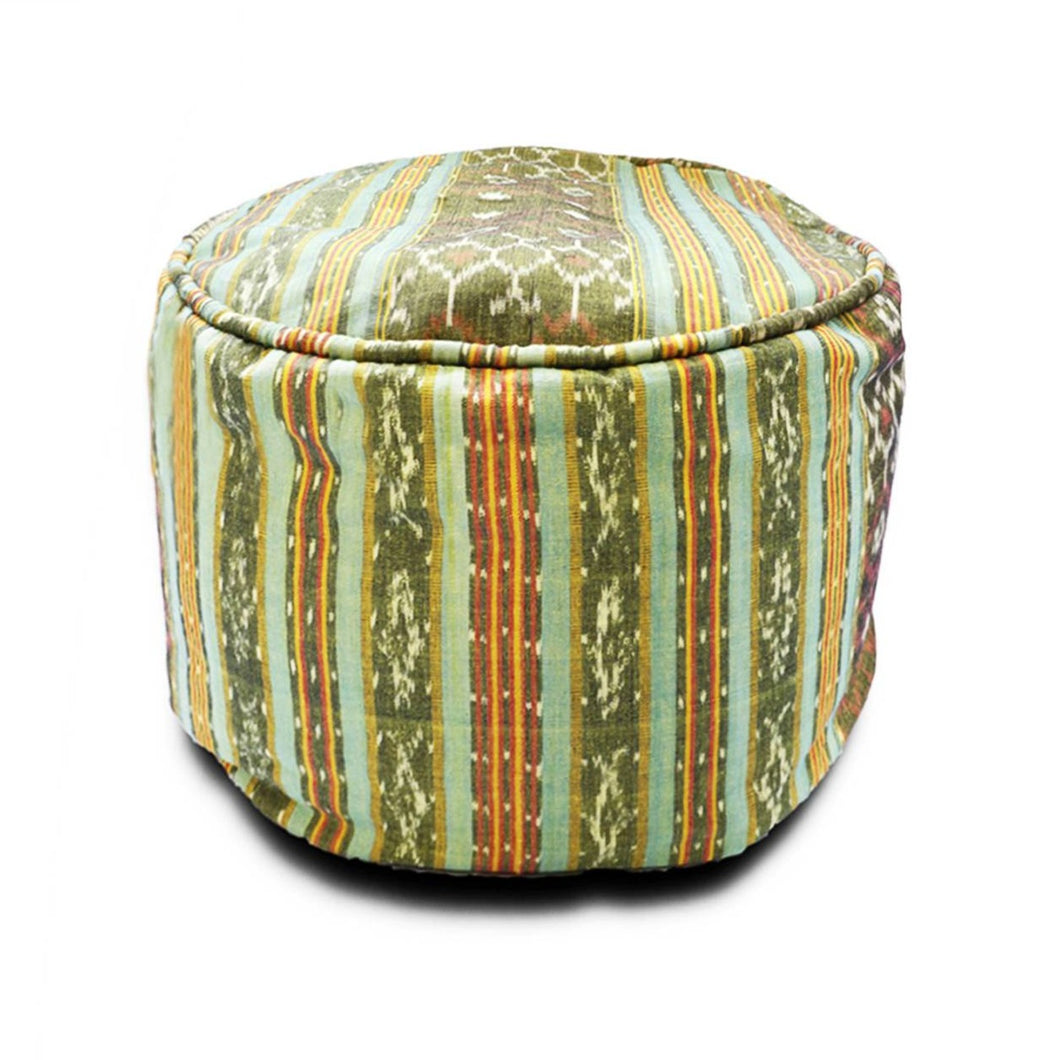 Round Ikat Pouf Ottoman, Light Green. Cover Only with No Insert.