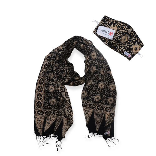Hand Dyed Indonesia Batik Face Covering & Scarf Set 100% Cotton - Hibiscus in Brown