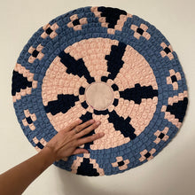 Load image into Gallery viewer, Patchwork Circle Wall Hanging Fabric Art Wall Decor Hand Sewn 20&quot; - Blue &amp; Pink