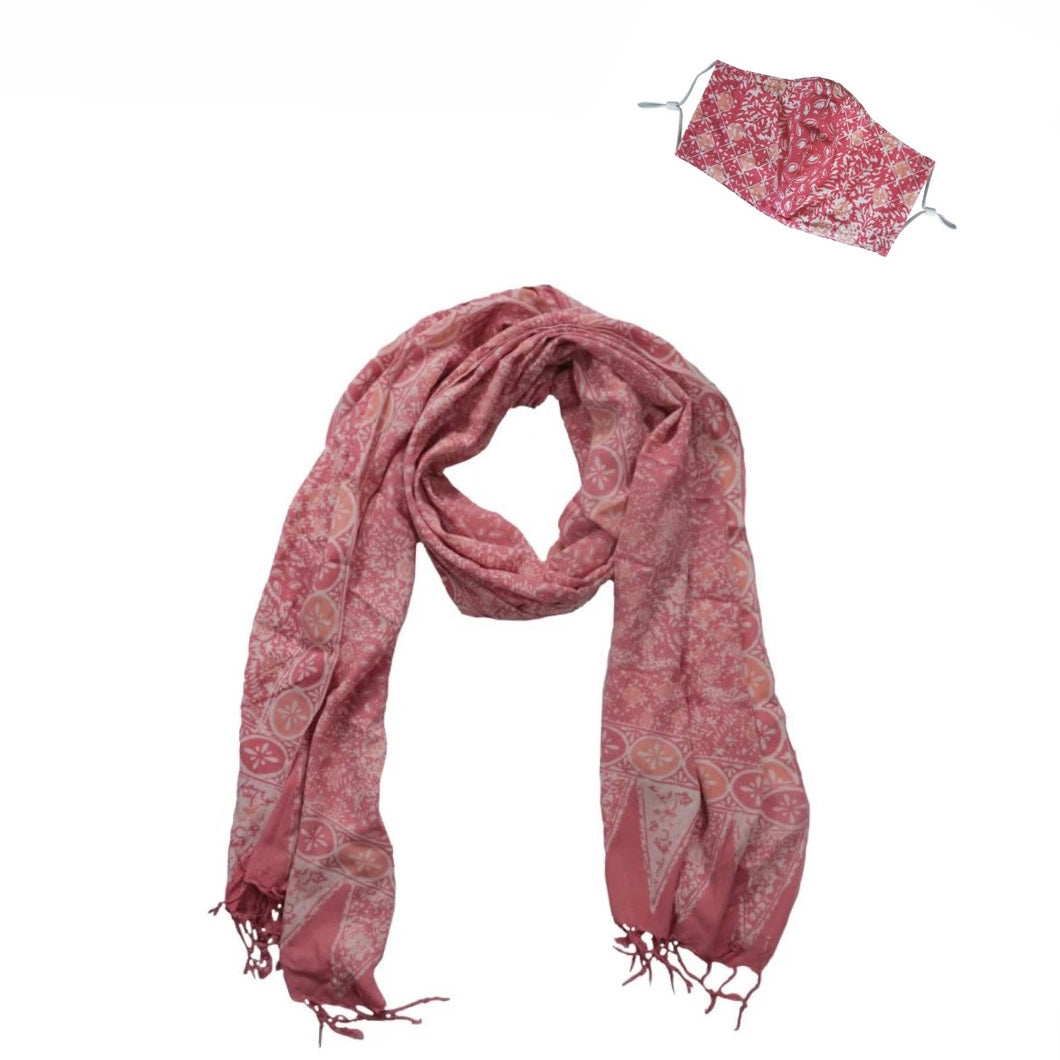 Hand Dyed Indonesia Batik Face Covering & Scarf Set 100% Cotton - Pink Wildflower