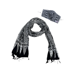 Load image into Gallery viewer, Hand Dyed Indonesia Batik Face Covering &amp; Scarf Set 100% Cotton - Black Geometric