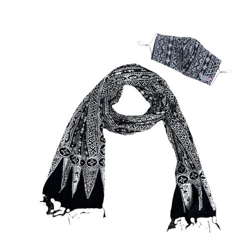 Hand Dyed Indonesia Batik Face Covering & Scarf Set 100% Cotton - Black Geometric