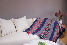 Load image into Gallery viewer, Ikat Blanket Throw, Blue Red Grey Handwoven in Indonesia