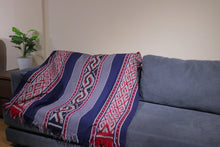 Load image into Gallery viewer, Ikat Blanket Throw, Blue Red Grey Handwoven in Indonesia