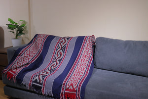 Ikat Blanket Throw, Blue Red Grey Handwoven in Indonesia
