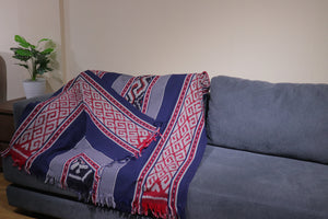 Ikat Blanket Throw, Blue Red Grey Handwoven in Indonesia