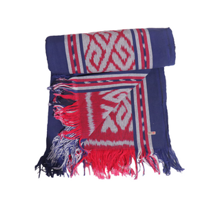 Ikat Blanket Throw, Blue Red Grey Handwoven in Indonesia