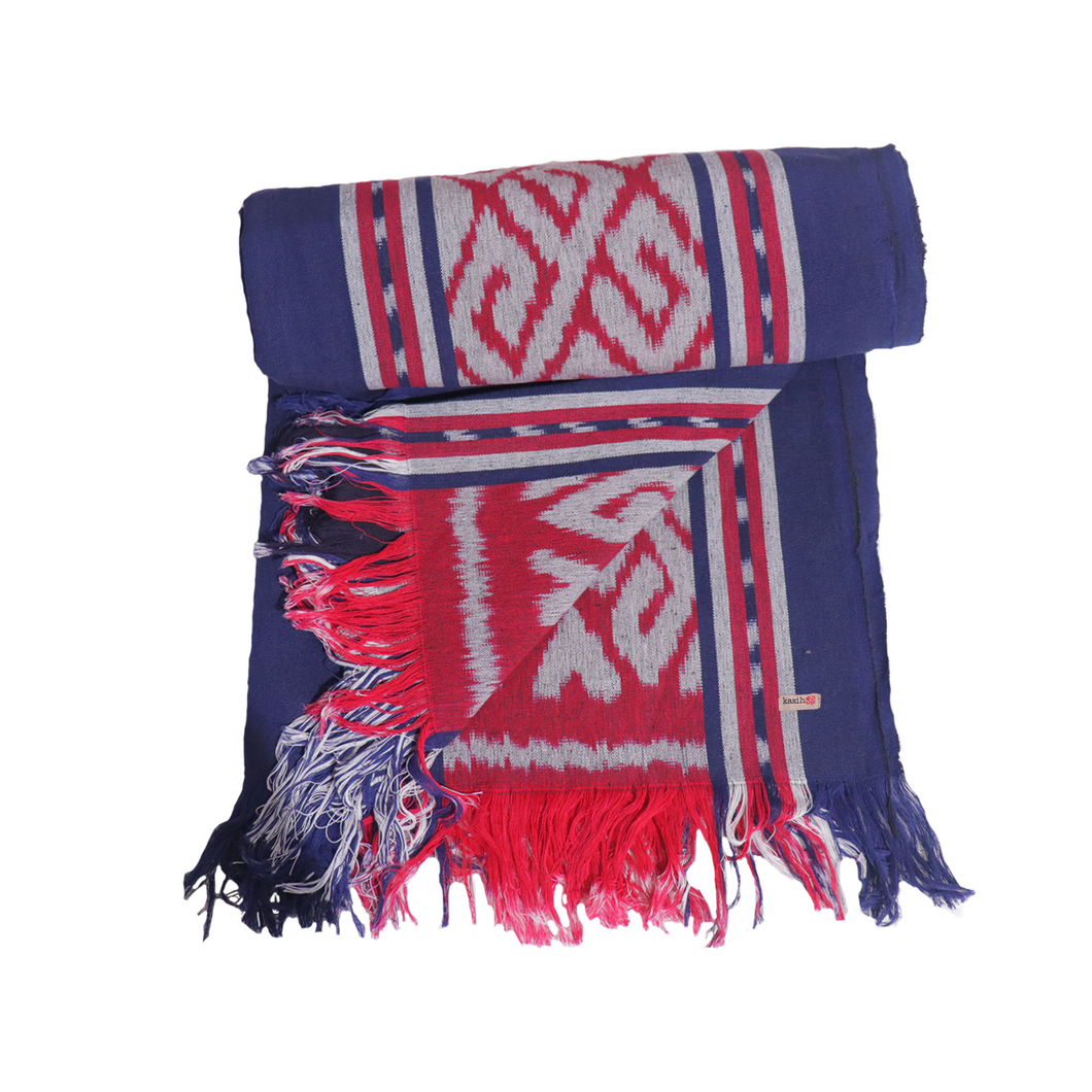 Ikat Blanket Throw, Blue Red Grey Handwoven in Indonesia
