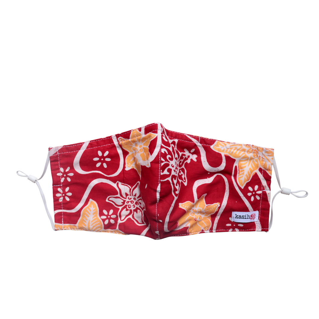 Hand Dyed Indonesia Batik Face Mask Three Layers 100% Cotton with Nose Wire Filter Pocket Soft Elastic Band D0100
