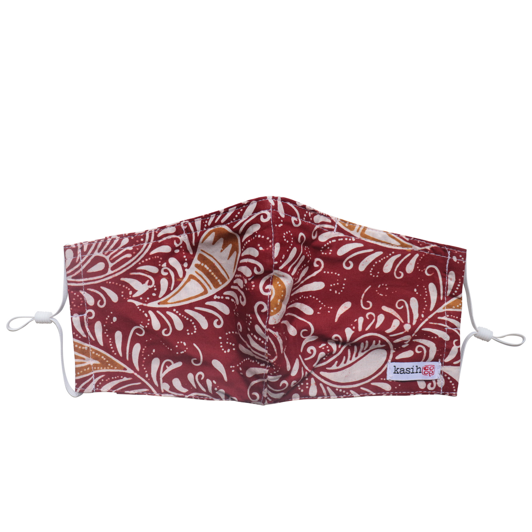 Hand Dyed Indonesia Batik Face Mask Three Layers 100% Cotton with Nose Wire Filter Pocket Soft Elastic Band D0106