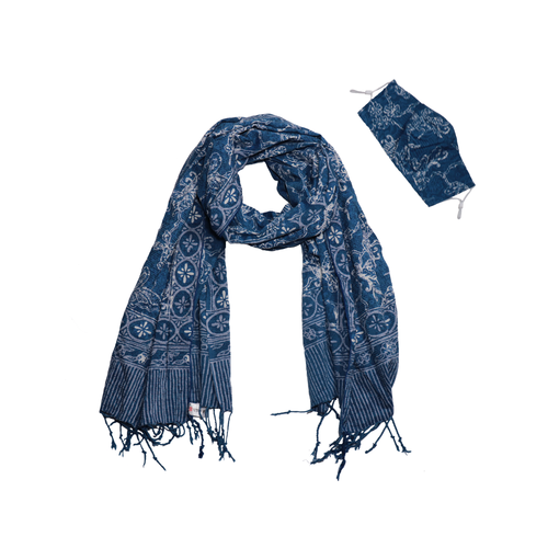 Hand Dyed Indonesia Batik Face Covering & Scarf Set 100% Cotton - Blue Butterfly