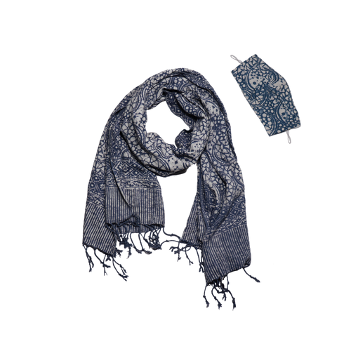 Hand Dyed Indonesia Batik Face Covering & Scarf Set 100% Cotton - Blue Stone