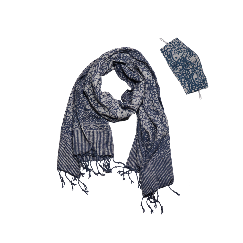 Hand Dyed Indonesia Batik Face Covering & Scarf Set 100% Cotton - Blue Stone