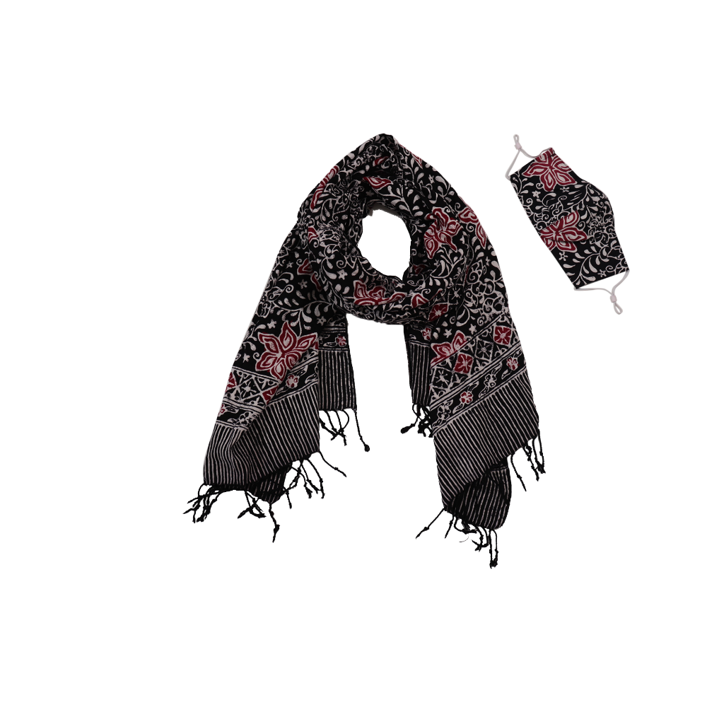 Hand Dyed Indonesia Batik Face Covering & Scarf Set 100% Cotton - Black Red Star