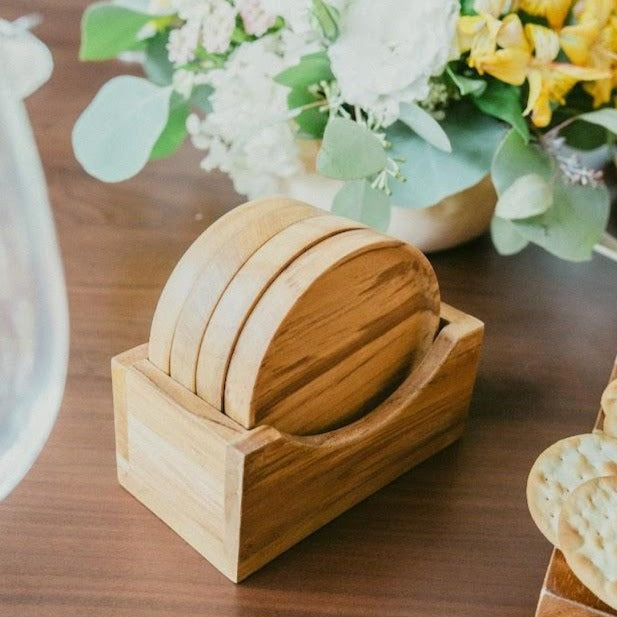 Gift Box - Handmade Teak Wood Coaster Set of Four & One Batik Bandana