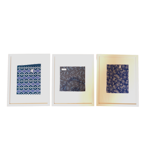 3 Piece Framed Batik Fabric Wall Art, Hand Dyed Hand Stamped Tie Dye Textile - Blue
